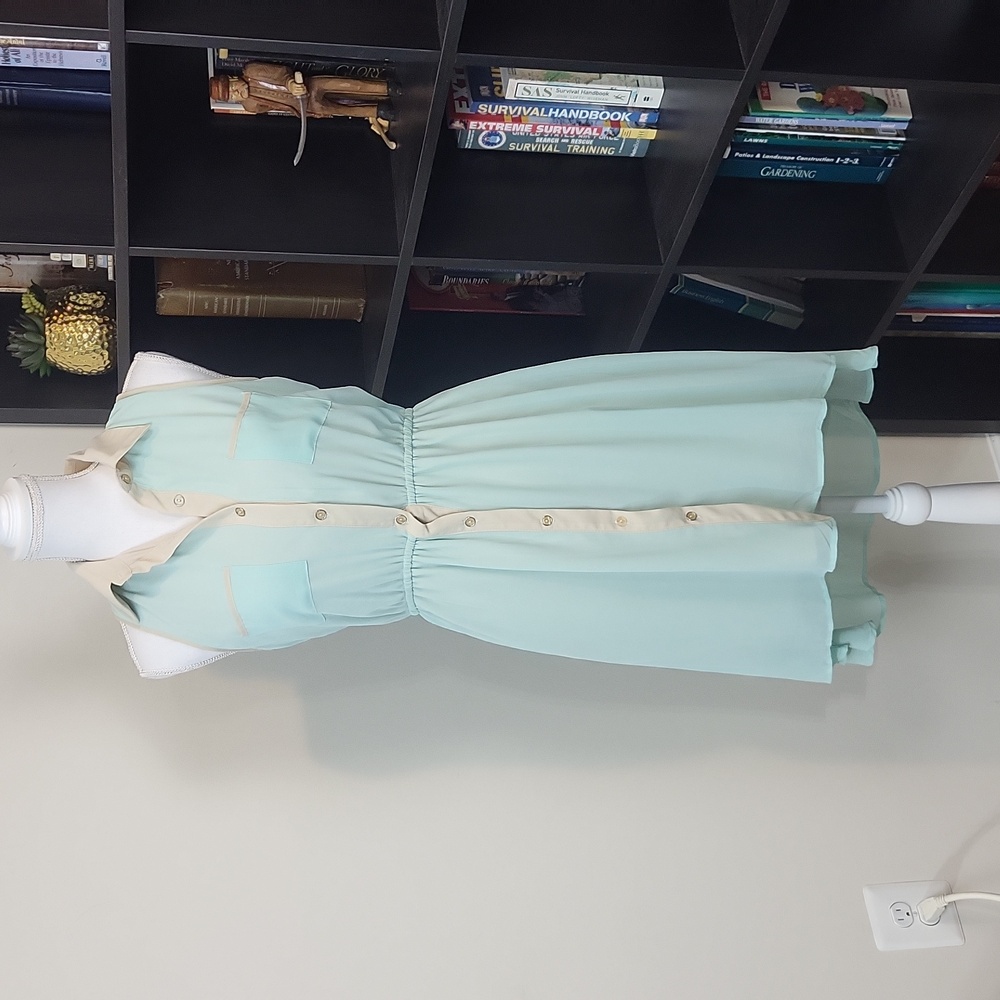 THREE HEARTS Mint Chiffon Over Tan Sleeveless Open Back Hi Low Midi Dress